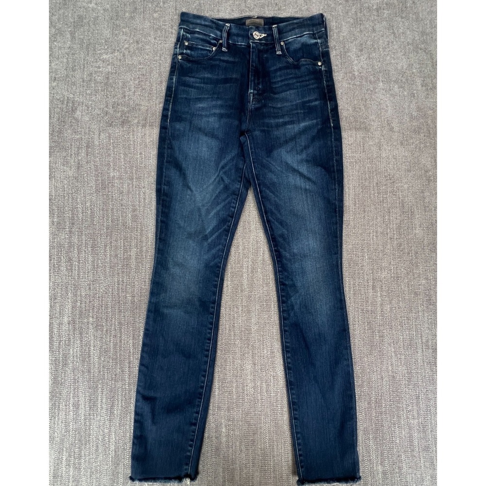 MOTHER High Waisted Looker Ankle Fray Jeans Womens 24 Blue Denim Faded Stretch